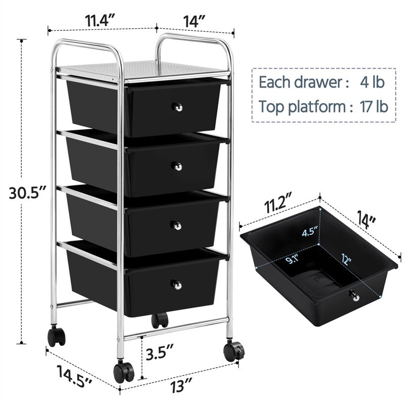 4-Drawer Metal Frame Storage Cart with Lockable Wheels, Black