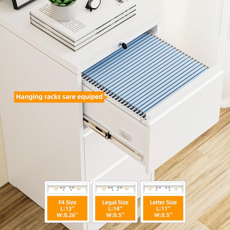 Vertical Lockable Filing Cabinet with Adjustable Hanging Frames - White Metal Office Storage