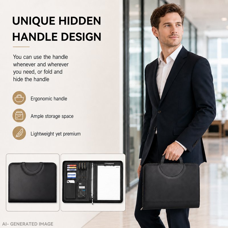 Black Leather Portfolio Binder with Zipper, 5 Dividers & Notepad - A4 3-Ring Organizer for Office & School