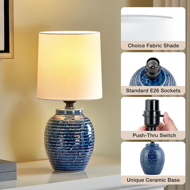 Small Farmhouse Ceramic Bedside Lamps Set of 2 - Rustic Table Lamps for Bedroom, Living Room, Nightstand