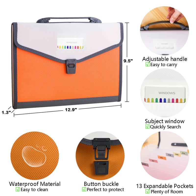 TRANBO 13-Pocket Accordion Folder with Handle, A4/Letter Size Portable Expanding File Organizer - Orange