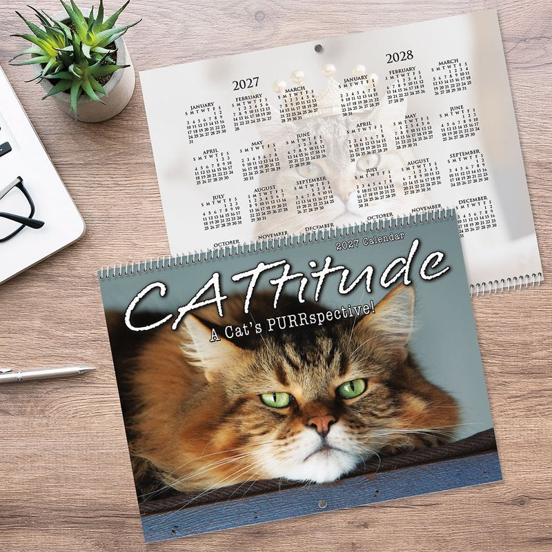 Current 2027 Cat Wall Calendar - Spiral-Bound Monthly Organizer for Kitchen & Office