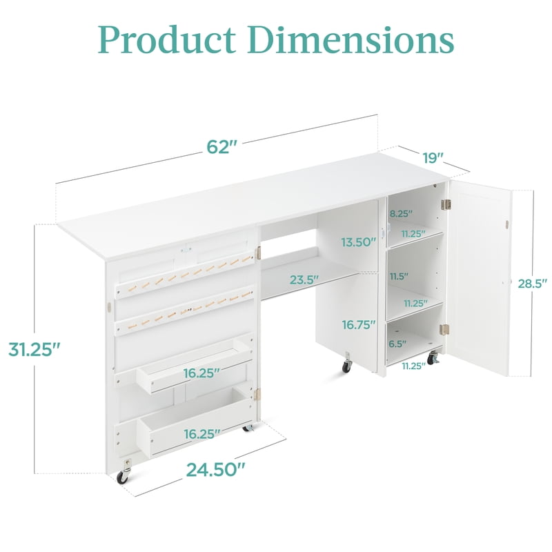 Large Folding Sewing & Craft Table with Storage, Magnetic Doors, Wheels