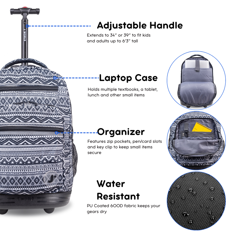 20-Inch Unisex Rolling Laptop Backpack with Multiple Compartments - Tribal Pattern
