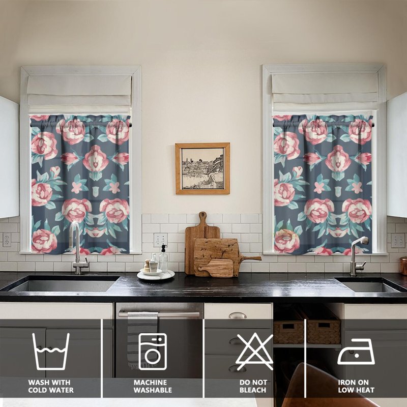 Kitchen Curtains and Valance Set 3 Pieces Vintage Rose Window Treatment