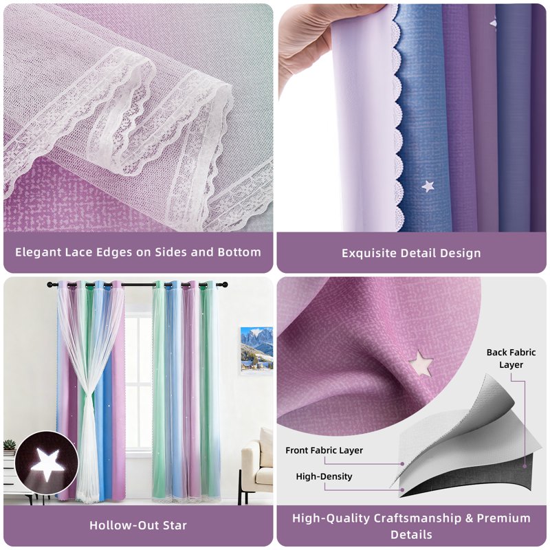 Kids Blackout Curtains with Star Cutouts - Double Layer Bedroom Window Drapes
