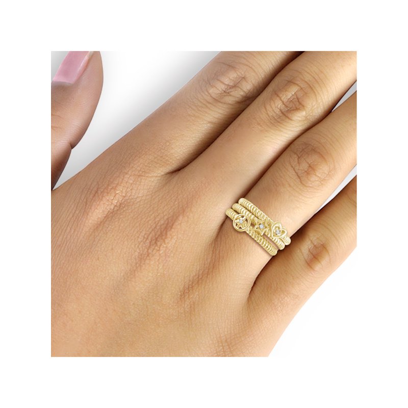 Stackable Diamond Accent Rings for Women - 14K Gold-Plated, Sterling Silver - Heart, Star & Peace Sign Set