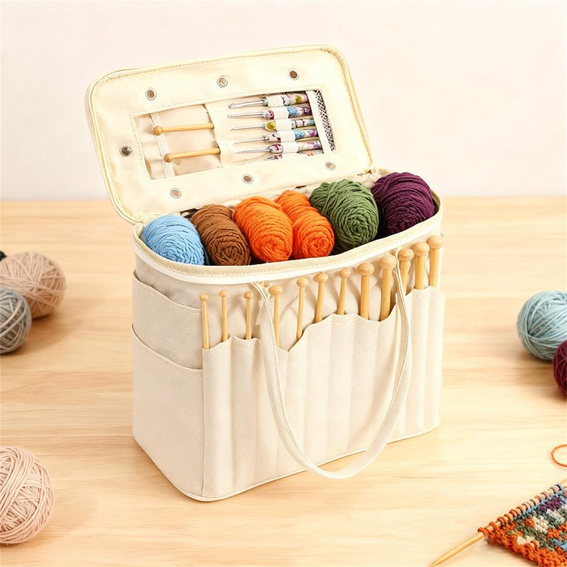 Large Capacity Canvas Yarn Organizer Tote Bag with Multi-Pockets for Knitting & Crochet