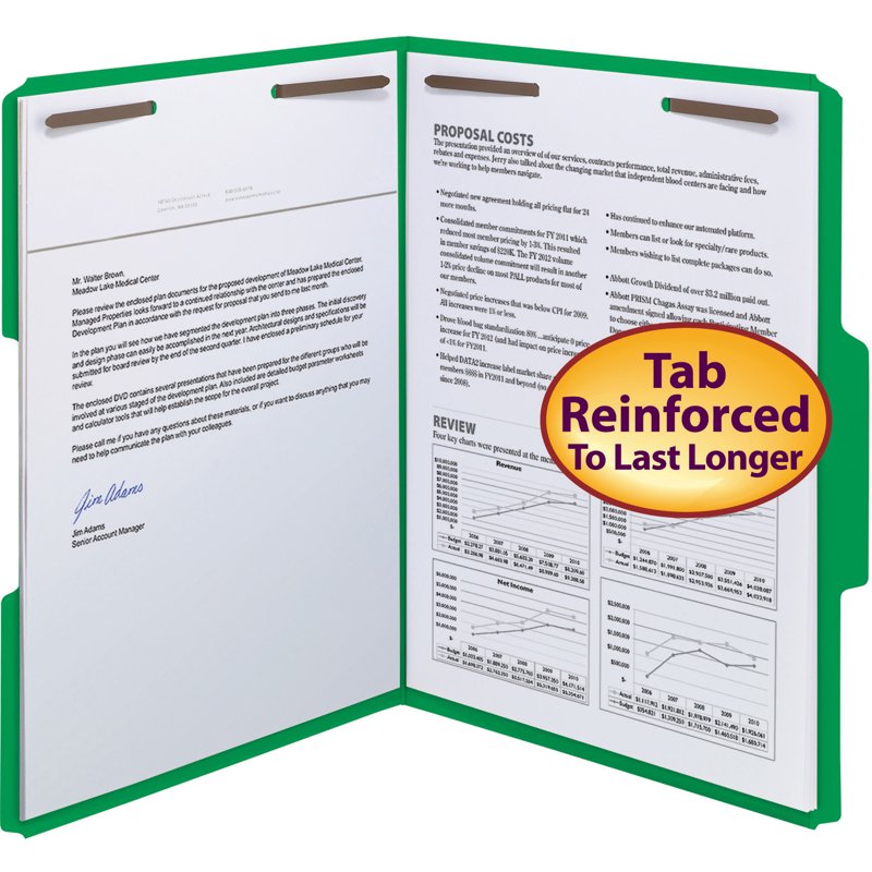Color Reinforced Tab Fastener Folders - Letter Size, Green, 50 Pack