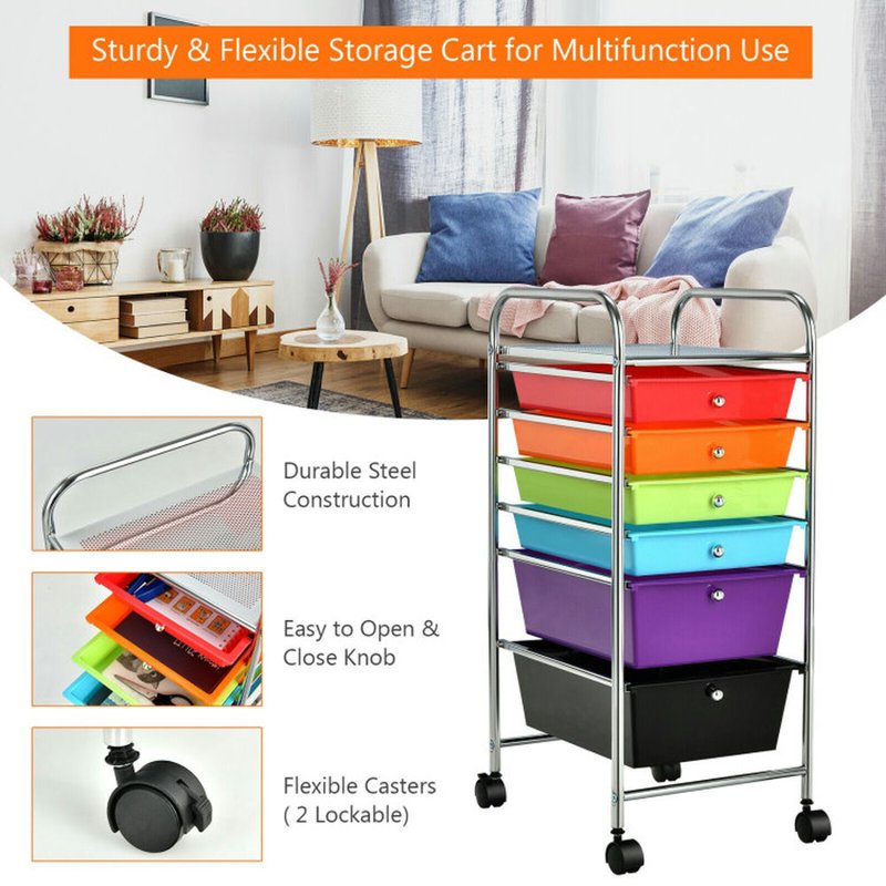 Multicolor 6-Drawer Rolling File Storage Organizer with Casters