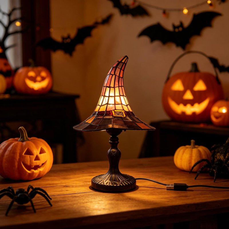 Halloween Decor Witch Hat Lamp - LED Night Light for Indoor Shelves and Tables - Gothic Home Accent