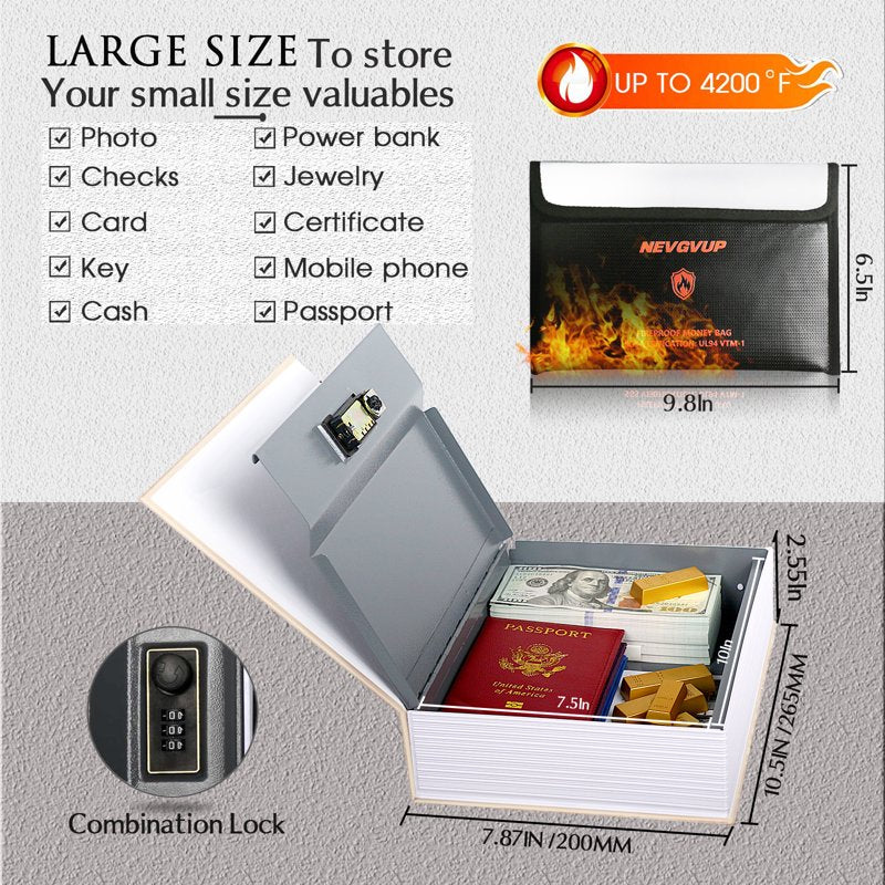 Fireproof Book Safe with Combination Lock - Hidden Secure Storage Box, 10.5 x 7.9 inches