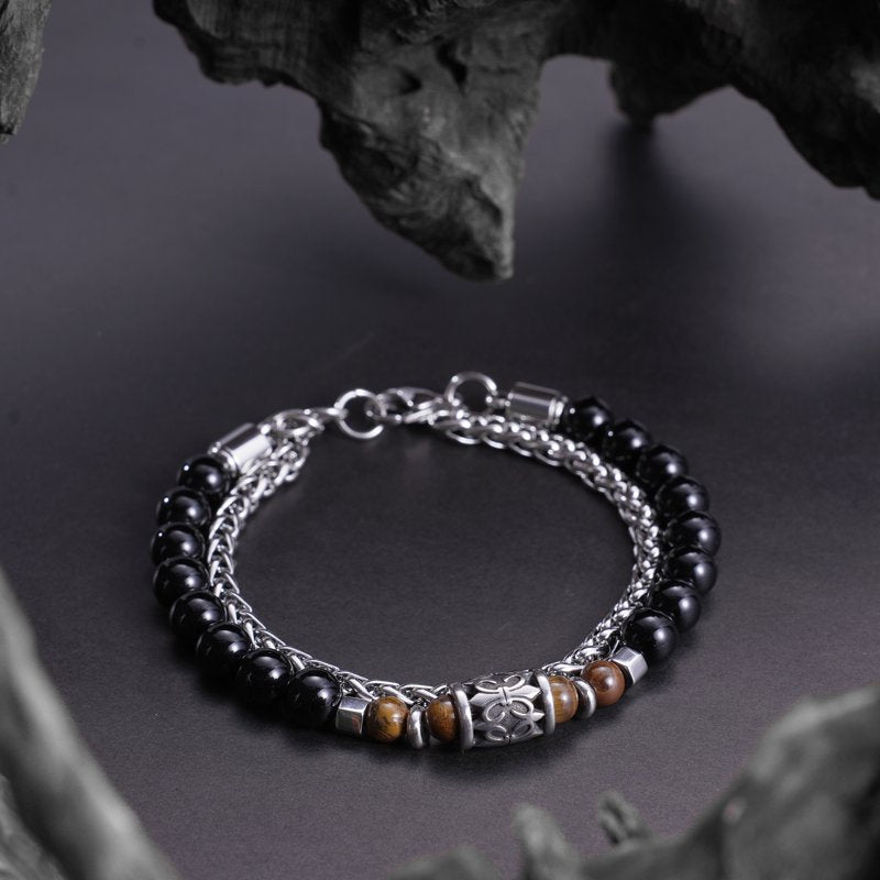 Men's Tiger Eye Bead Bracelet with Stainless Steel Chain - Healing Gemstone Jewelry