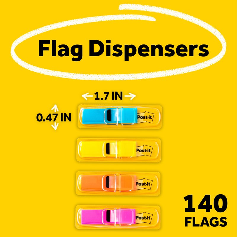 Post-it Flags Assorted Colors, 0.5 Inch Wide, 140 Reusable Marking Tabs