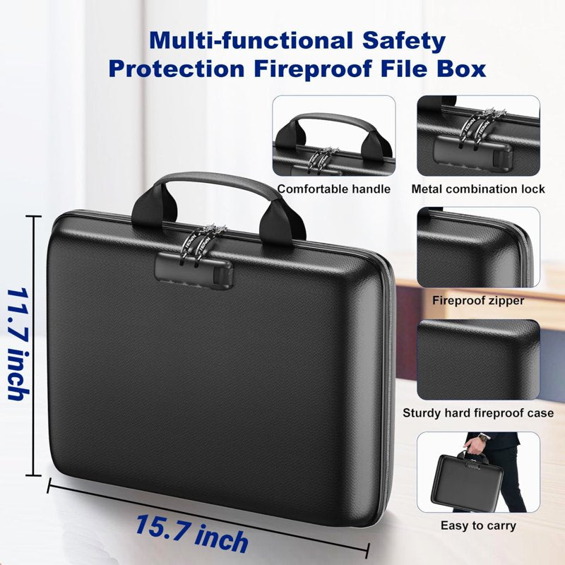 Fireproof Document Safe Box with Lock and Accordion Organizer - Black