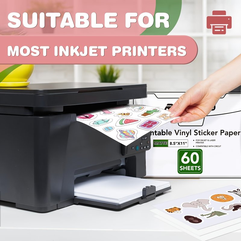 Printable Vinyl Sticker Paper for Inkjet & Laser Printers Waterproof 60 Sheets 8.5x11 Matte White