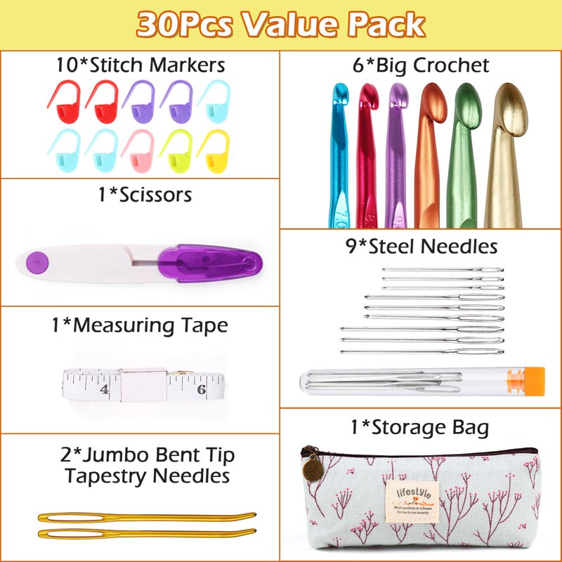 Large Aluminum Crochet Hooks Set for Thick Wool with Storage Case