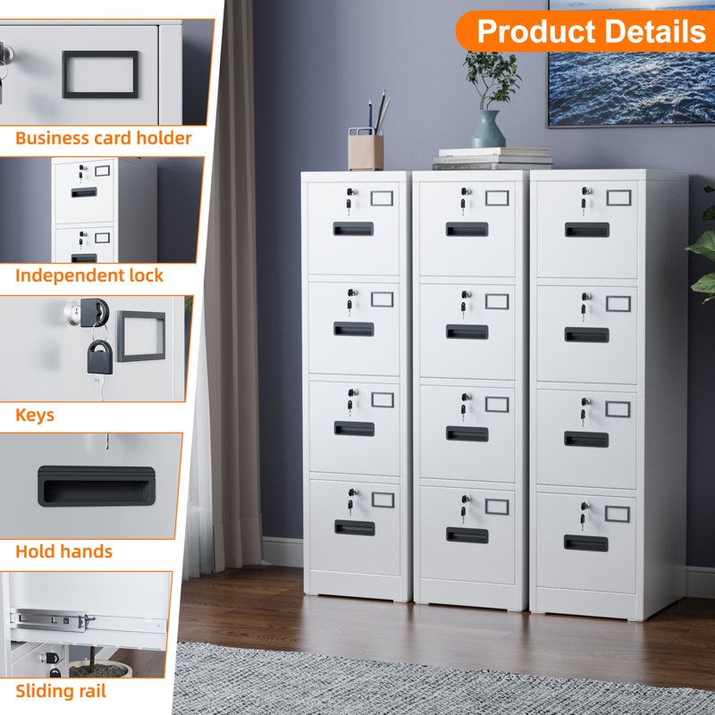 Metal Vertical File Cabinet with 4 Lockable Drawers for Office & School Storage