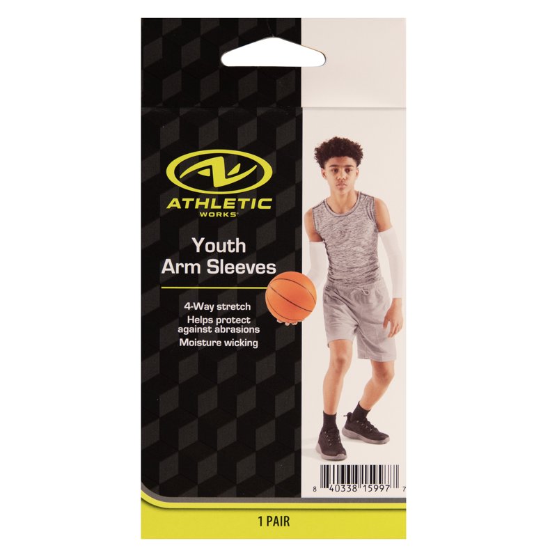 Youth Arm Sleeves for Sports, White, 1 Pair, Moisture-Wicking & 4-Way Stretch