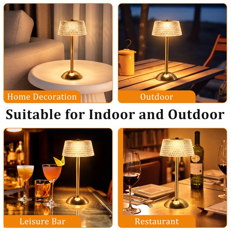 Rechargeable Cordless Crystal Table Lamp with Touch Control, 3 Light Colors
