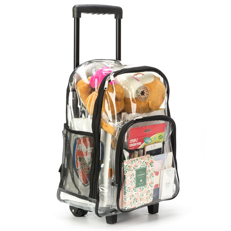 Unisex Rolling Clear PVC School Backpack with Wheels - Heavy Duty, Spacious, Teen & Adult
