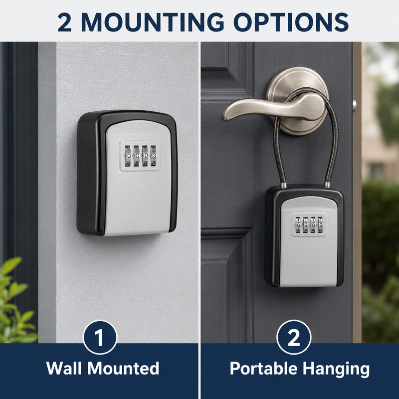 Portable 4-Digit Combination Key Lock Box with Removable Cable, Wall Mount & Hanging Options