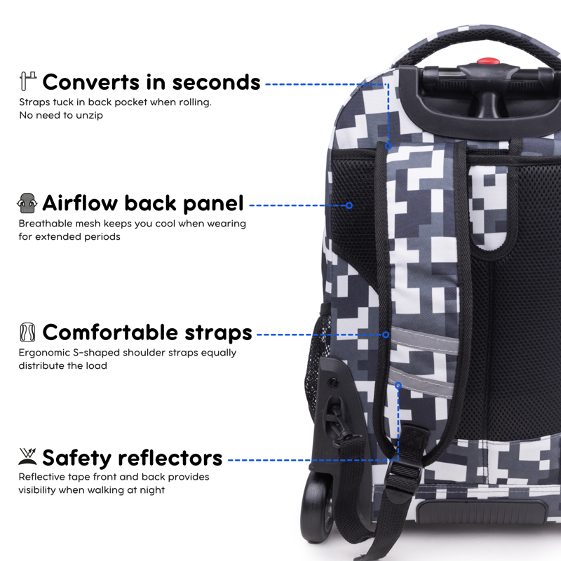 20-Inch Unisex Rolling Backpack with Laptop Sleeve & Camo Design