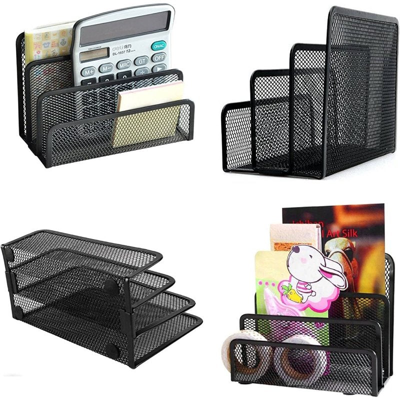 2 Pack Metal Mesh Desk Folder Holders with 3 Vertical Compartments - Office Organizer