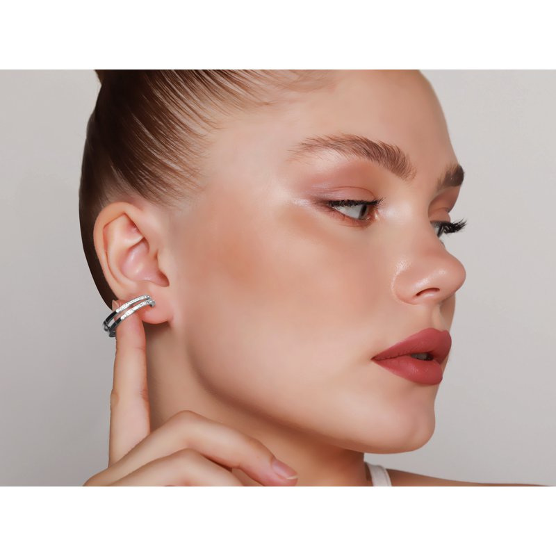 Rhodium Plated Sterling Silver Hoop Earrings with Crystals - 2 Row Classic Design