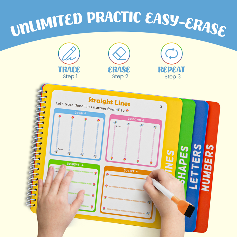 Reusable Tracing Workbook Set for Preschool Kids Ages 3-6 - Handwriting & Number Practice