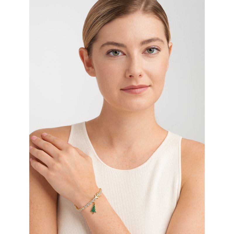 Silver Plated Diamond Accent Tennis Bracelet with Holiday Christmas Tree Charm