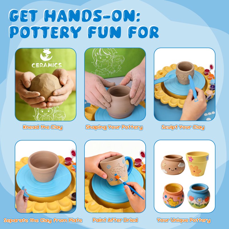 Kids Pottery Wheel Kit with Clay, Tools & Colors - Arts & Crafts
