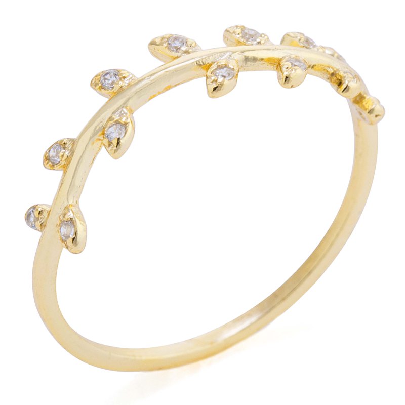 Gold Over Sterling Silver Leaf Band Ring with Cubic Zirconia for Women & Teens