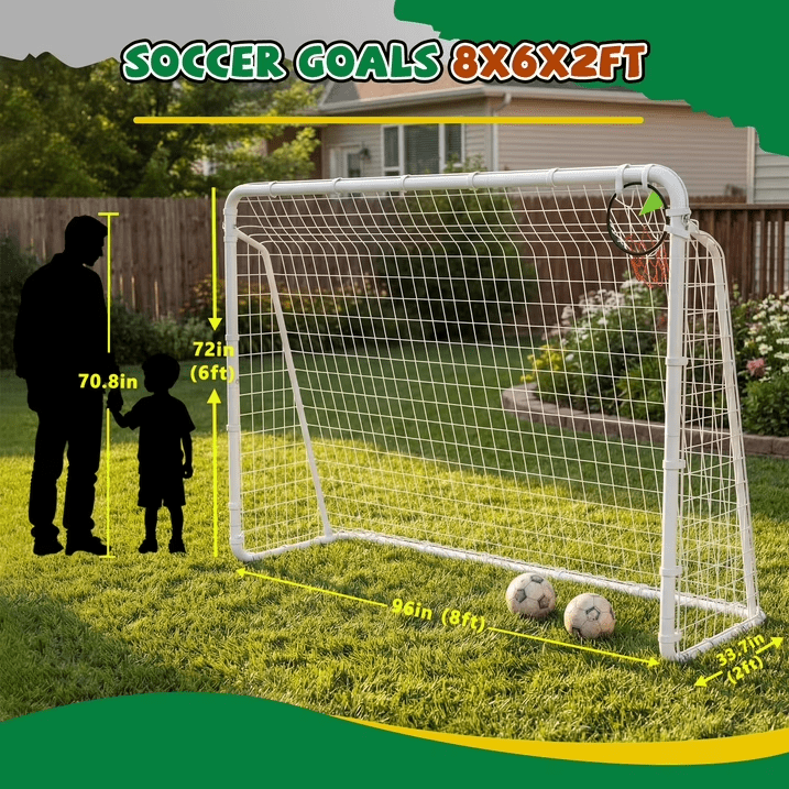 8' x 6' Set of 2 Heavy-Duty Soccer Goals with Steel Frame, Shooting Ring, Cones & Stakes (Mersco) - Backyard Outdoor Soccer Equipment