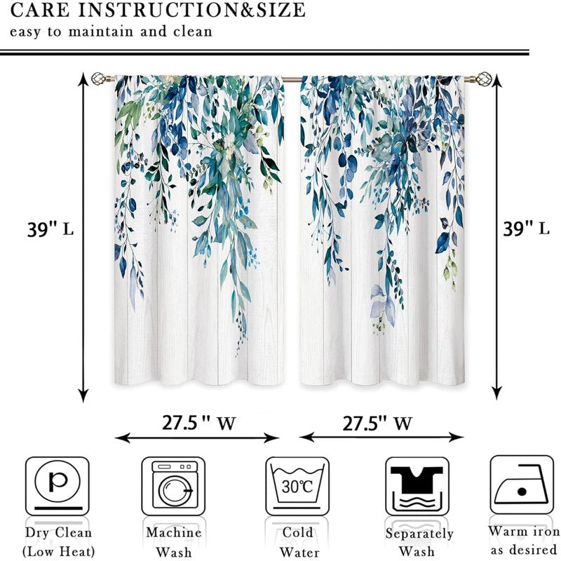 Farmhouse Botanical Kitchen Curtains Set - Blue Leaves Window Treatment 27.5x39 inch
