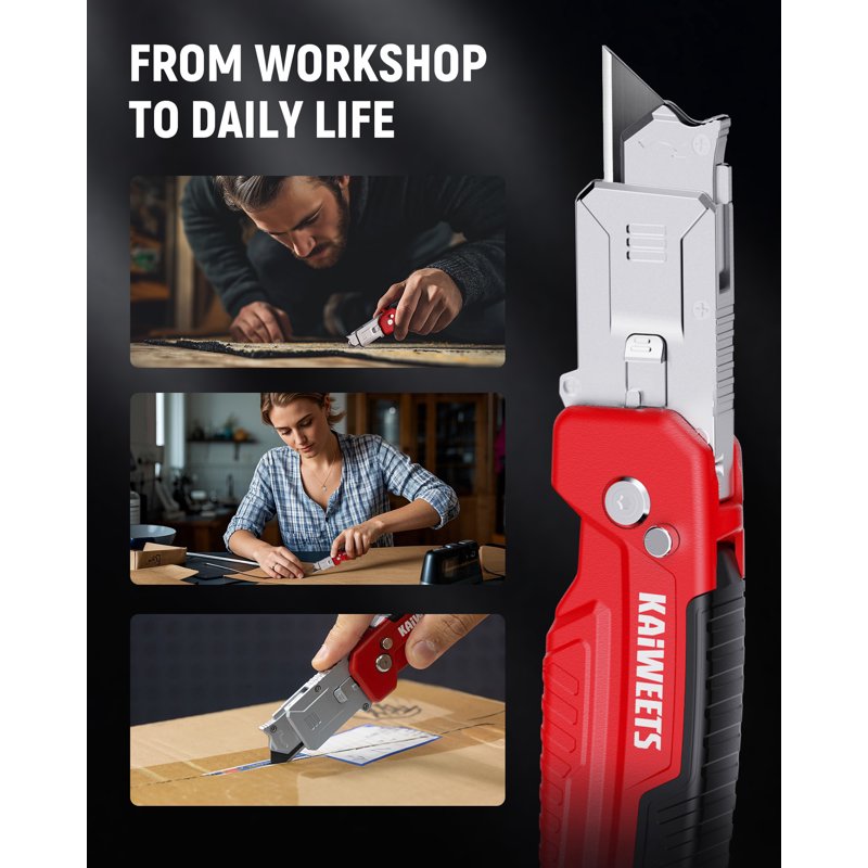 Retractable Utility Knife with Blade Storage and 12 SK2 Blades - DIY Home Renovation Tool, Red