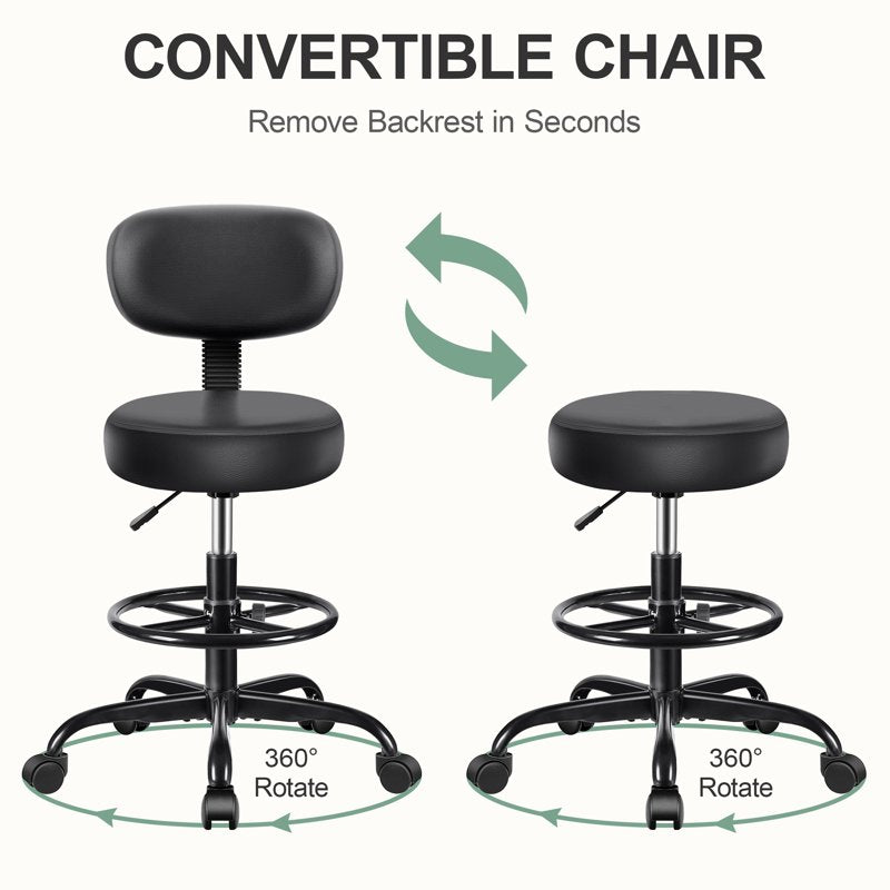 Adjustable Drafting Office Chair with Backrest - PU Leather, Thick Cushion, 300lb Capacity