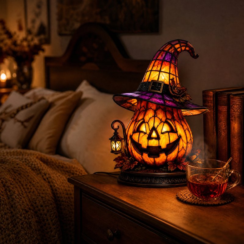 Pumpkin Night Light Lamp - 11.81 Inch Stained Glass Style Witch Hat Table Lamp (Variation: Pumpkin Lamp-2)