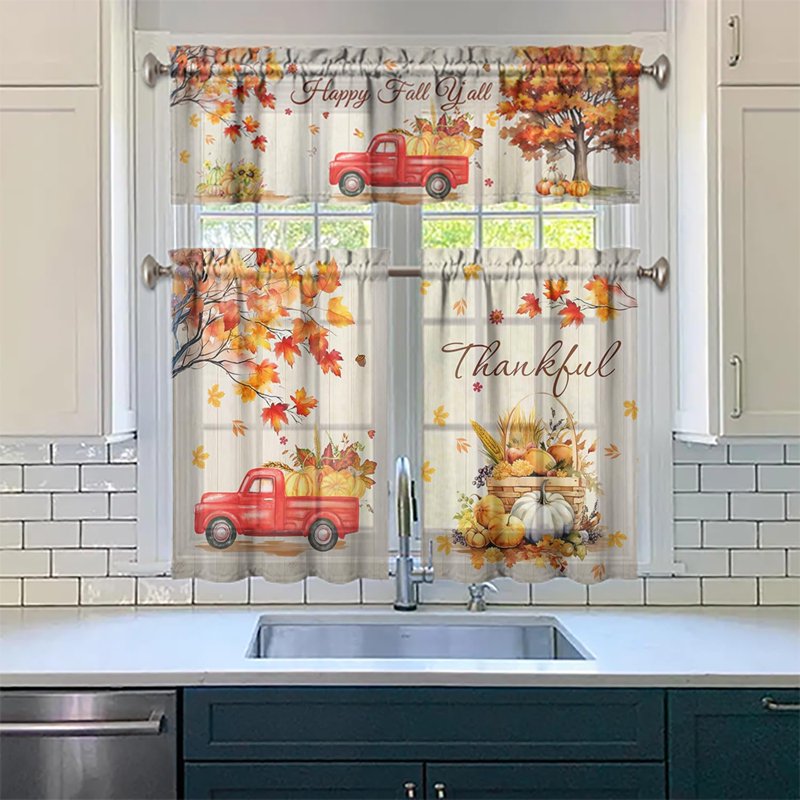 Fall Pumpkin Kitchen Curtains Valances and Tiers Set for Windows - Autumn Truck Maple Leaves 3-Piece