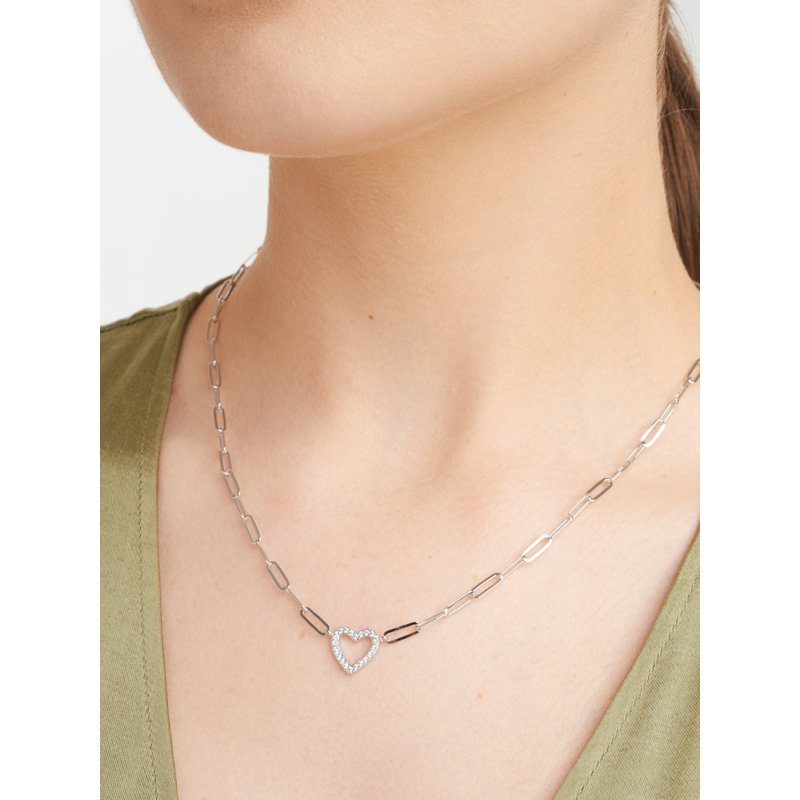 Sterling Silver Cubic Zirconia Heart Paperclip Necklace 18 Inches, Gift-Ready