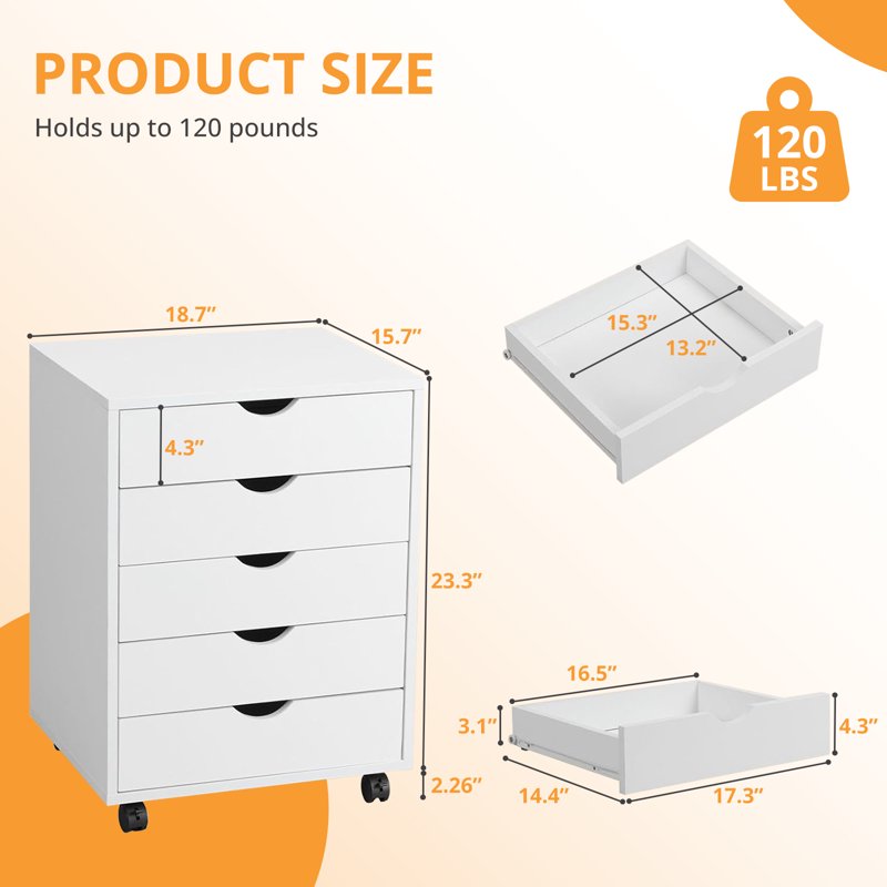 Mobile File Cabinet & Storage Cart - 5 or 7 Drawers, Wood & Steel Frame