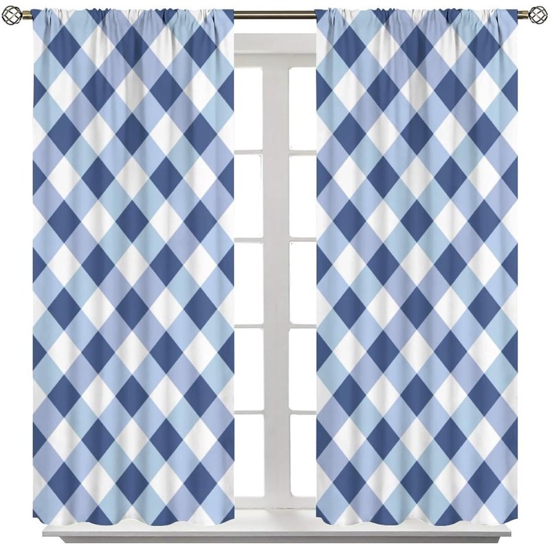 Plaid Curtain Set - Dark Blue & White Checkered Insulated Window Drapes, 2 Panels, 42 x 54 Inches
