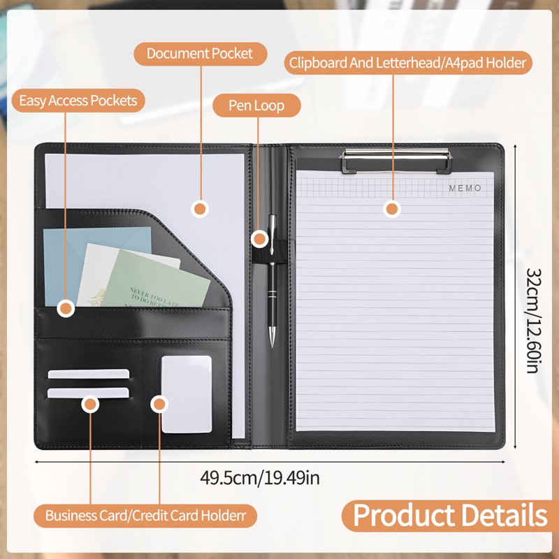 Leather Portfolio Clipboard Folder with Writing Pad - A4 Document Organizer for Business & Office