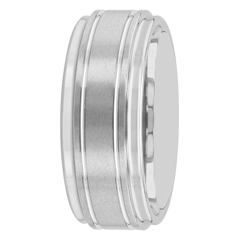 Men's Tungsten Wedding Band 9mm Grooved Step Edge Satin Finish