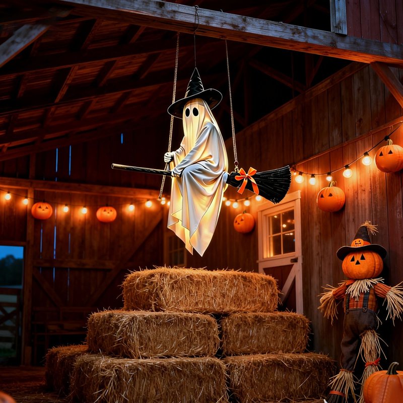 Lighted Flying Ghost Halloween Decoration for Outdoor & Indoor Use - 5 Ft Spooky Ghost with Witch Hat & Broomstick