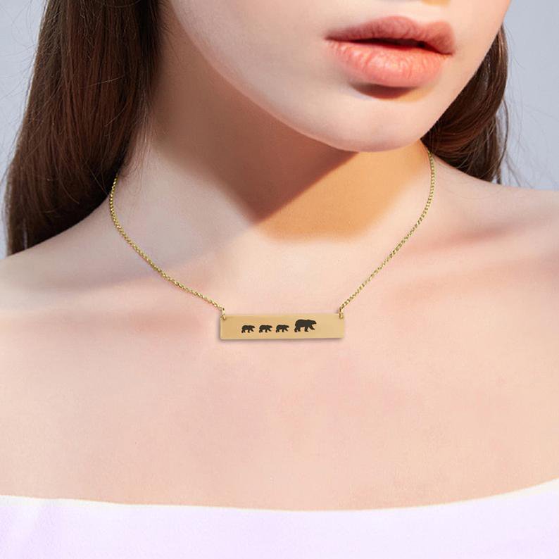 Personalized Mama Bear Cub Necklace - Custom Engraved Family Jewelry - Stainless Steel Gift for Mom in Rose Gold, Silver, Gold