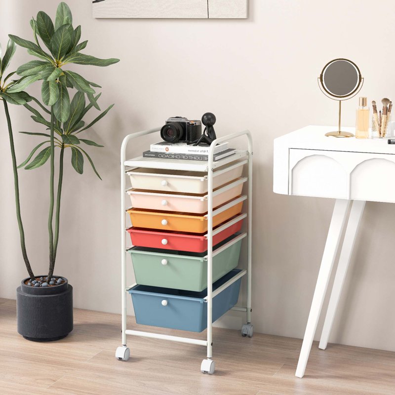 6-Drawer Rolling Storage Cart with Mesh Shelf for Office & Craft Supplies - White