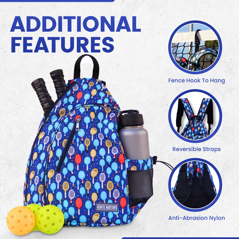 Ignite Motions Pickleball Sling Bag for Women & Men - Crossbody Backpack with Fence Hook, 4-Paddle Capacity, Water Bottle Holder (Variation: Paddles)