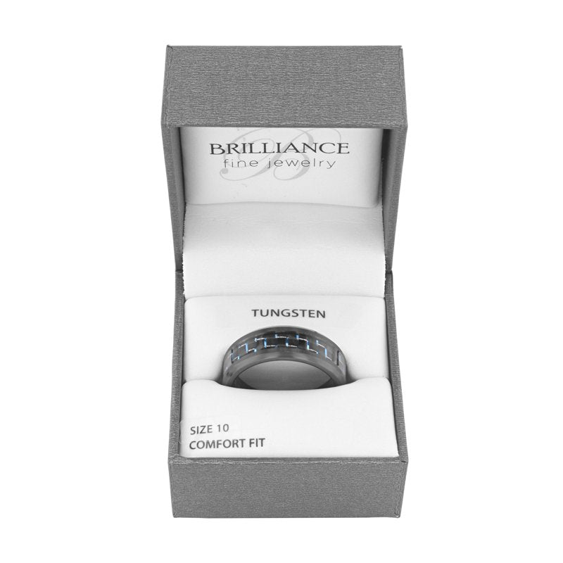 Men's Wedding Band Ring Black Tungsten with Blue Carbon Fiber Inlay, Comfort Fit, 8mm