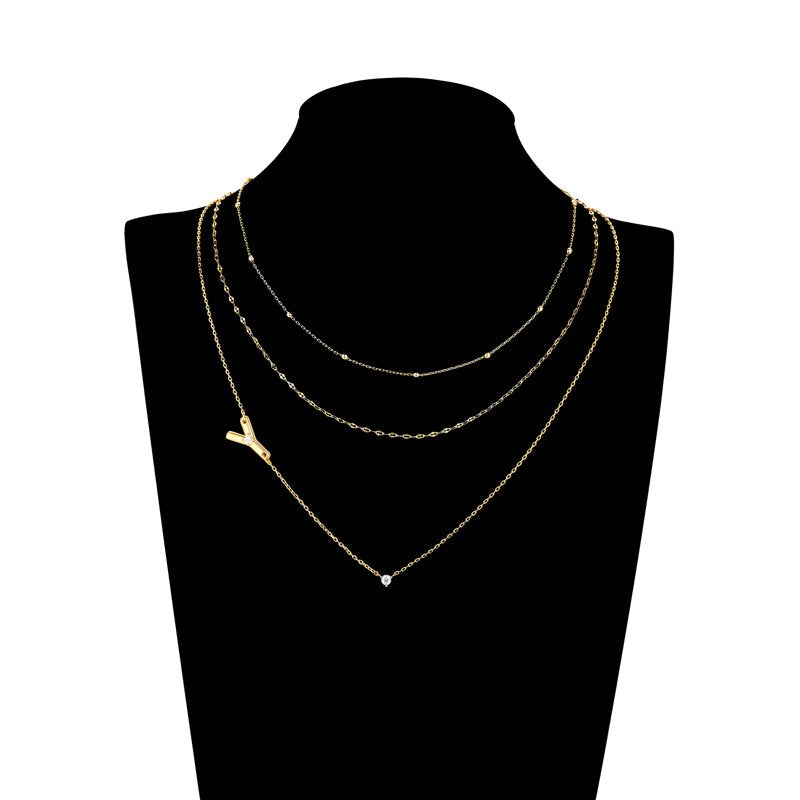 Gold Flash Plated Initial Necklace Set with Cubic Zirconia - All Letters, 16-18 Inch Layers